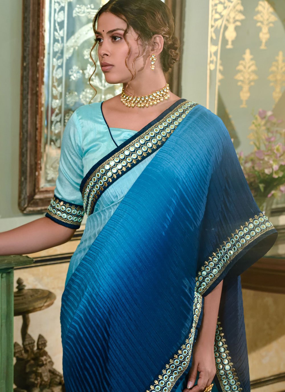 Classic Chinon Blue Embroidered Saree