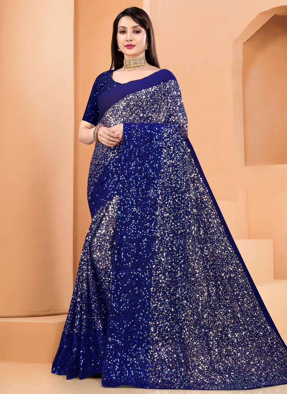 Trendy Saree Georgette Blue Sequins Saree