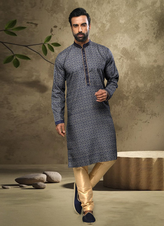 Kurta Pyjama Handloom Cotton Blue Digital Print Mens