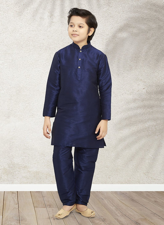 Kurta Pyjama Art Banarasi Silk Blue Plain Kids