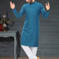 Kurta Pyjama Cotton Jacquard Blue Fancy Work Mens