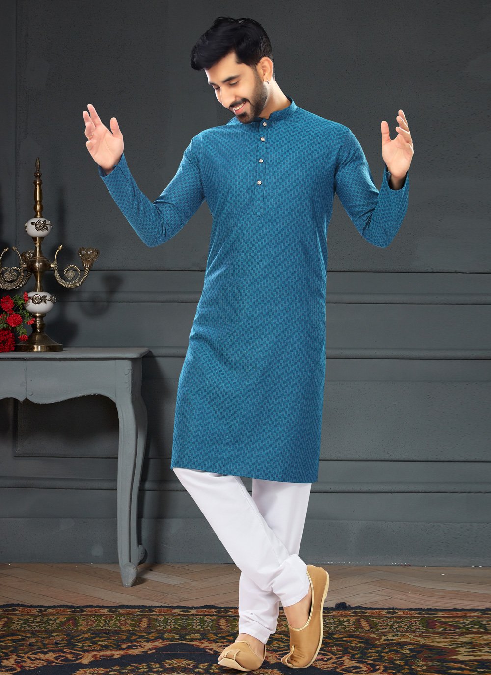 Kurta Pyjama Cotton Jacquard Blue Fancy Work Mens