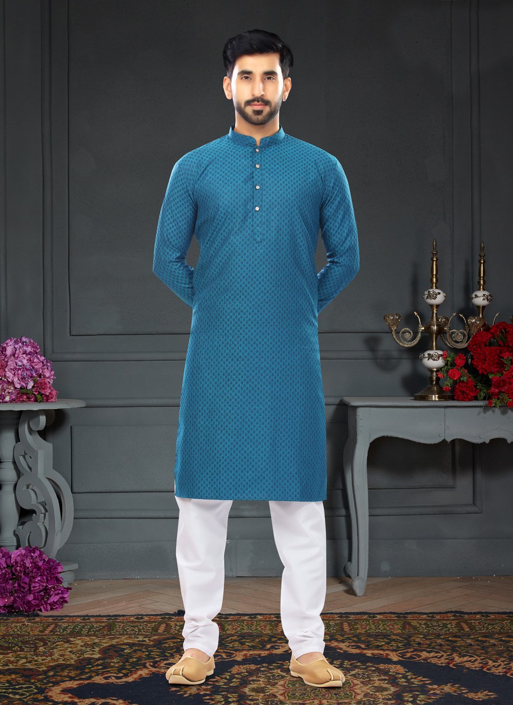 Kurta Pyjama Cotton Jacquard Blue Fancy Work Mens