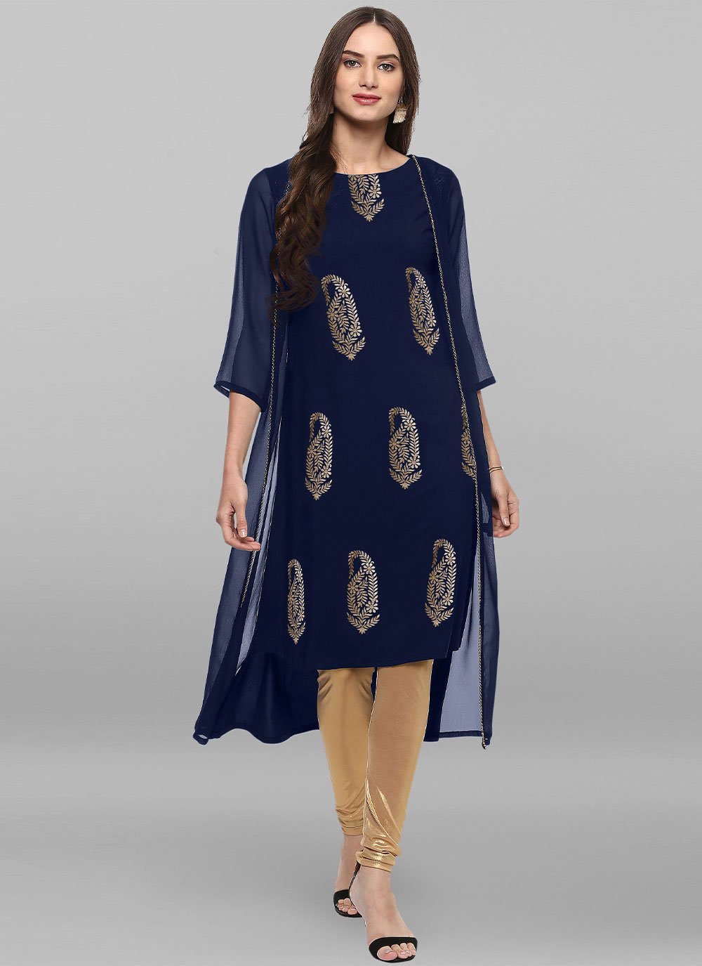 Party Wear Kurti Faux Crepe Blue Foil Print Kurtis