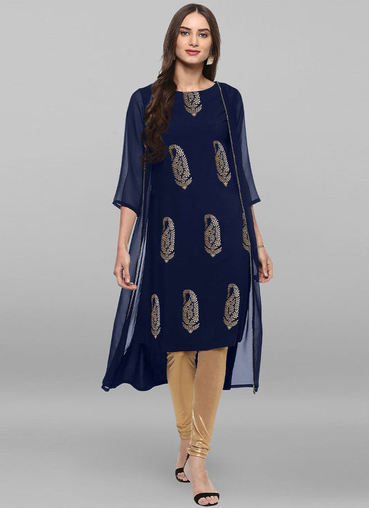 Party Wear Kurti Faux Crepe Blue Foil Print Kurtis