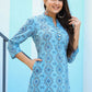 Party Wear Kurti Cotton Blue Buttons Kurtis