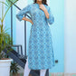 Party Wear Kurti Cotton Blue Buttons Kurtis