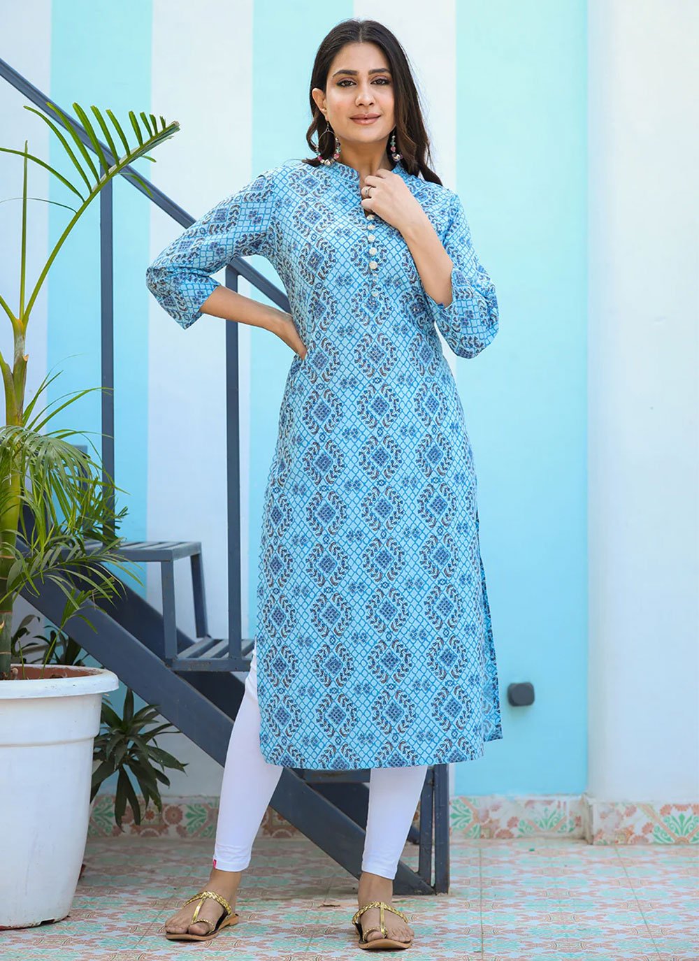 Party Wear Kurti Cotton Blue Buttons Kurtis