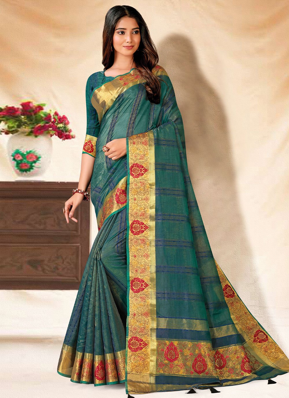 Classic Banarasi Silk Blue Embroidered Saree