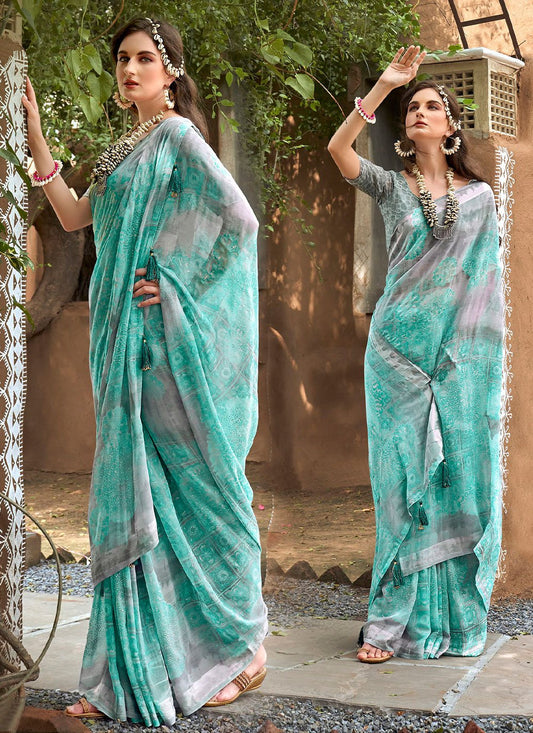 Contemporary Weight Less Blue Floral Patch Saree