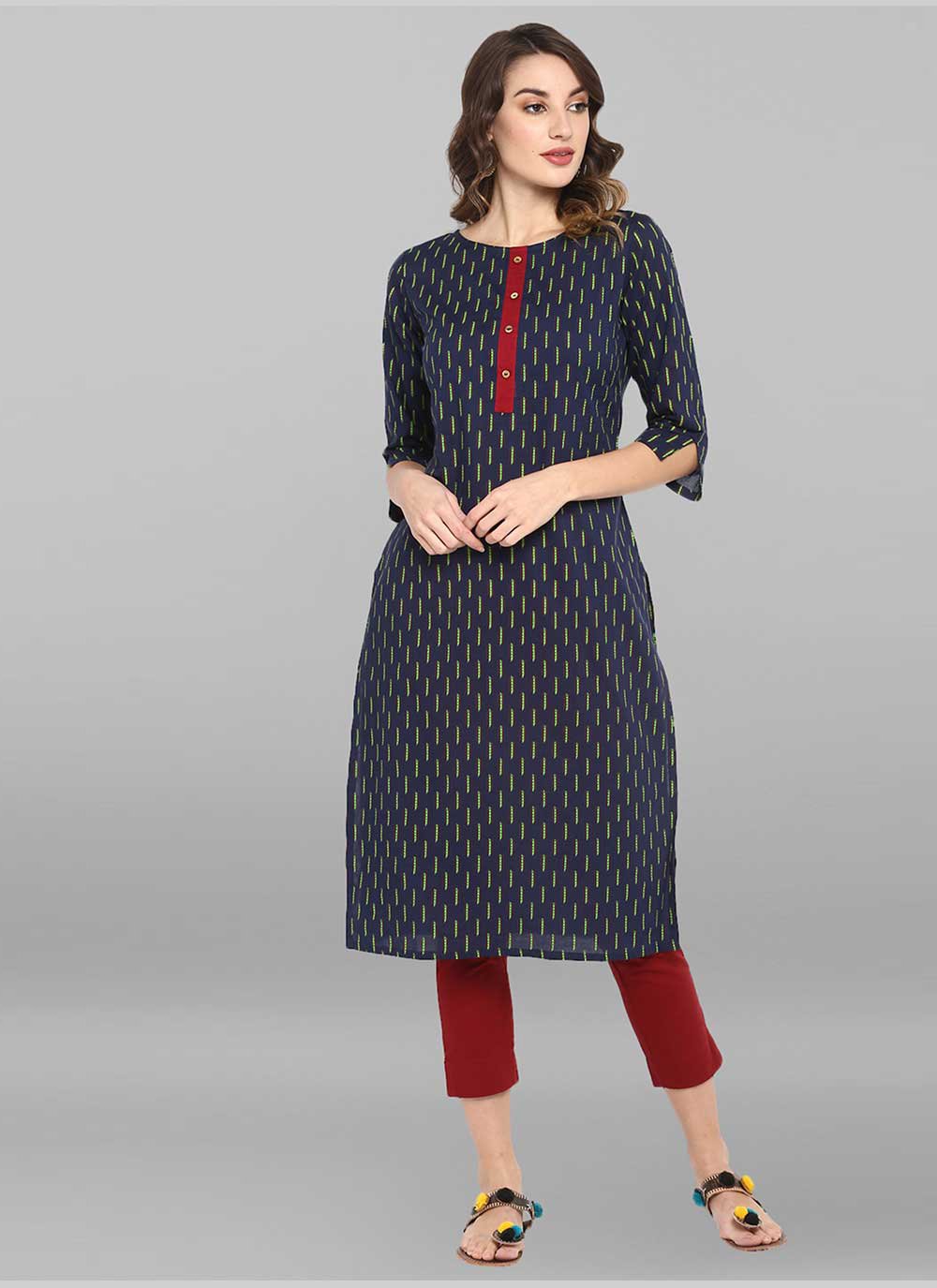 Casual Kurti Cotton Blue Floral Patch Kurtis