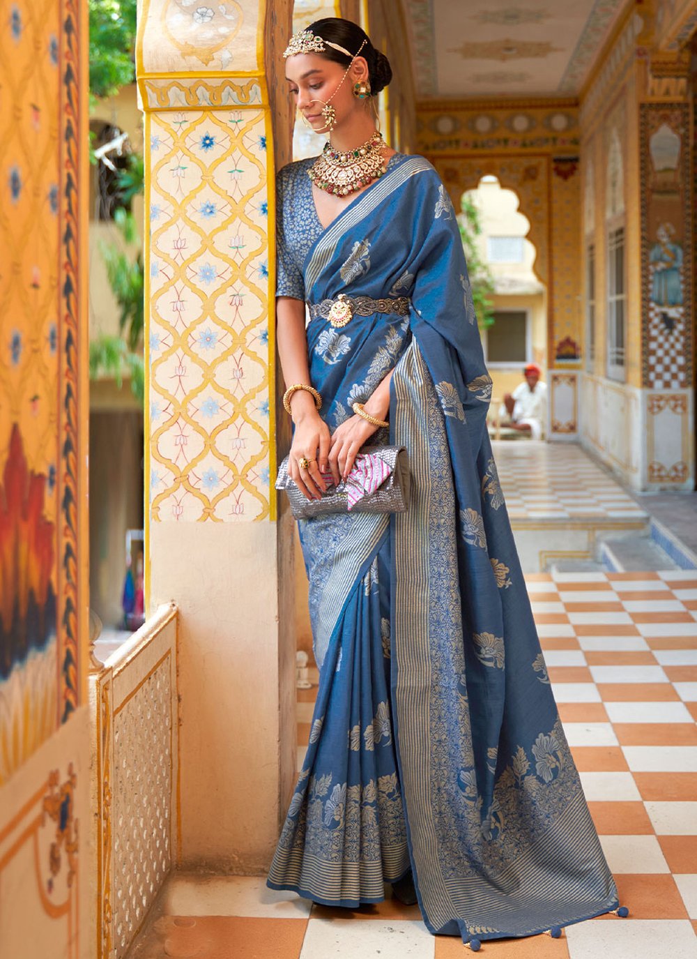 Designer Silk Blue Foil Print Saree