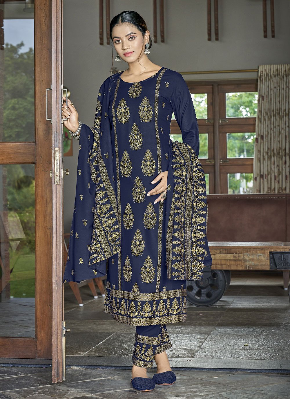 Salwar Suit Rayon Blue Foil Print Salwar Kameez