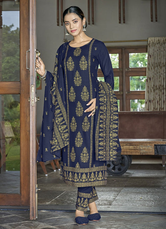 Salwar Suit Rayon Blue Foil Print Salwar Kameez