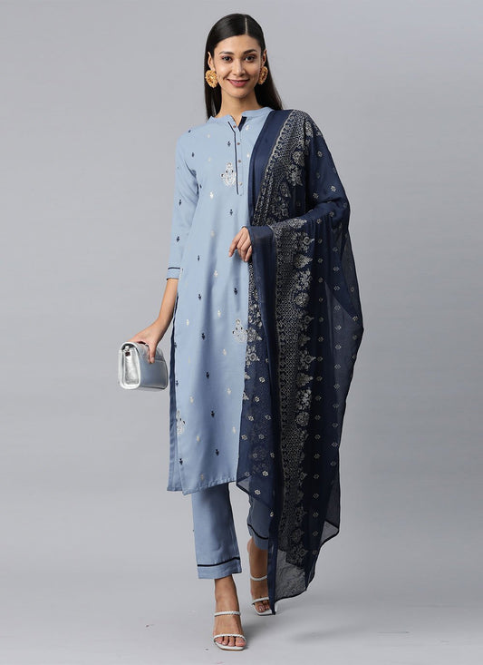 Salwar Suit Cotton Blue Foil Print Salwar Kameez