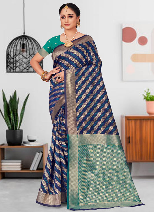 Casual Silk Blue Foil Print Saree