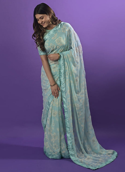 Trendy Saree Georgette Blue Patch Border Saree