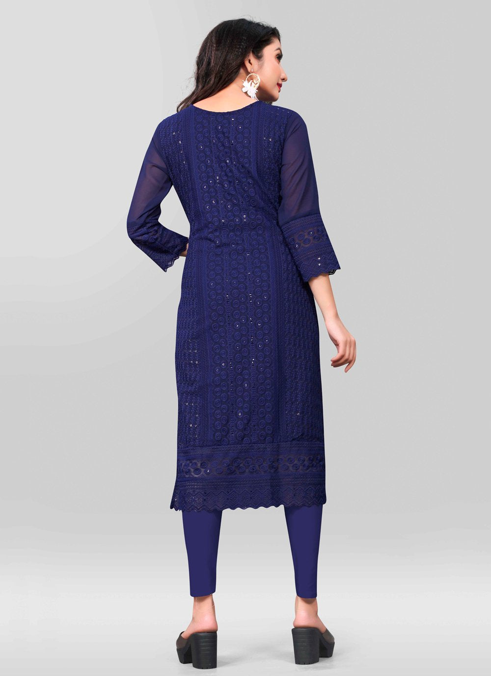 Designer Kurti Chiffon Georgette Blue Embroidered Kurtis