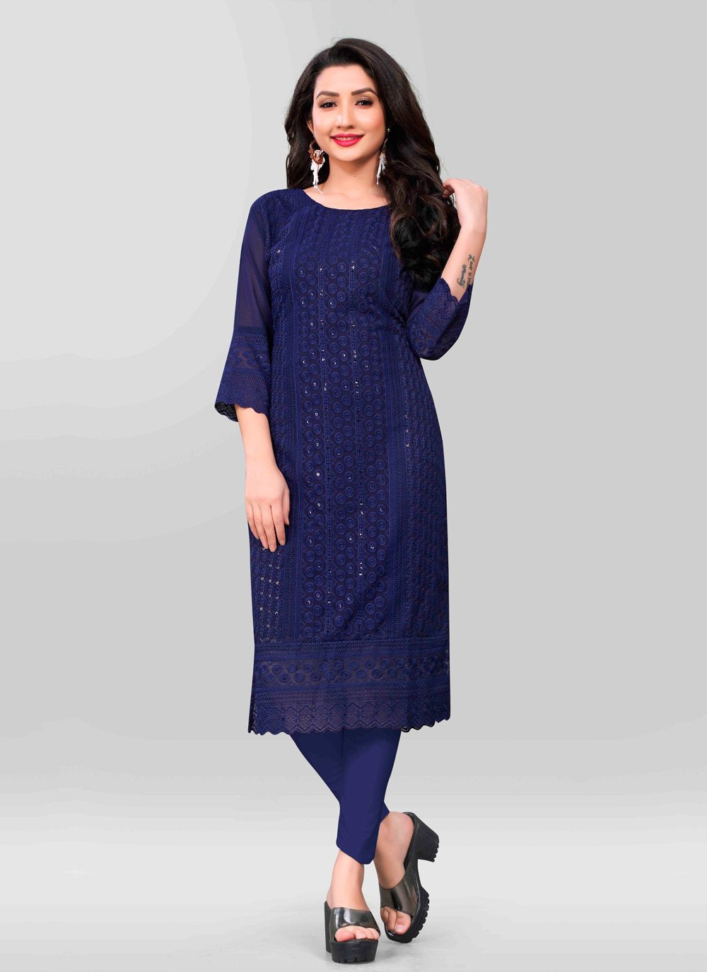 Designer Kurti Chiffon Georgette Blue Embroidered Kurtis