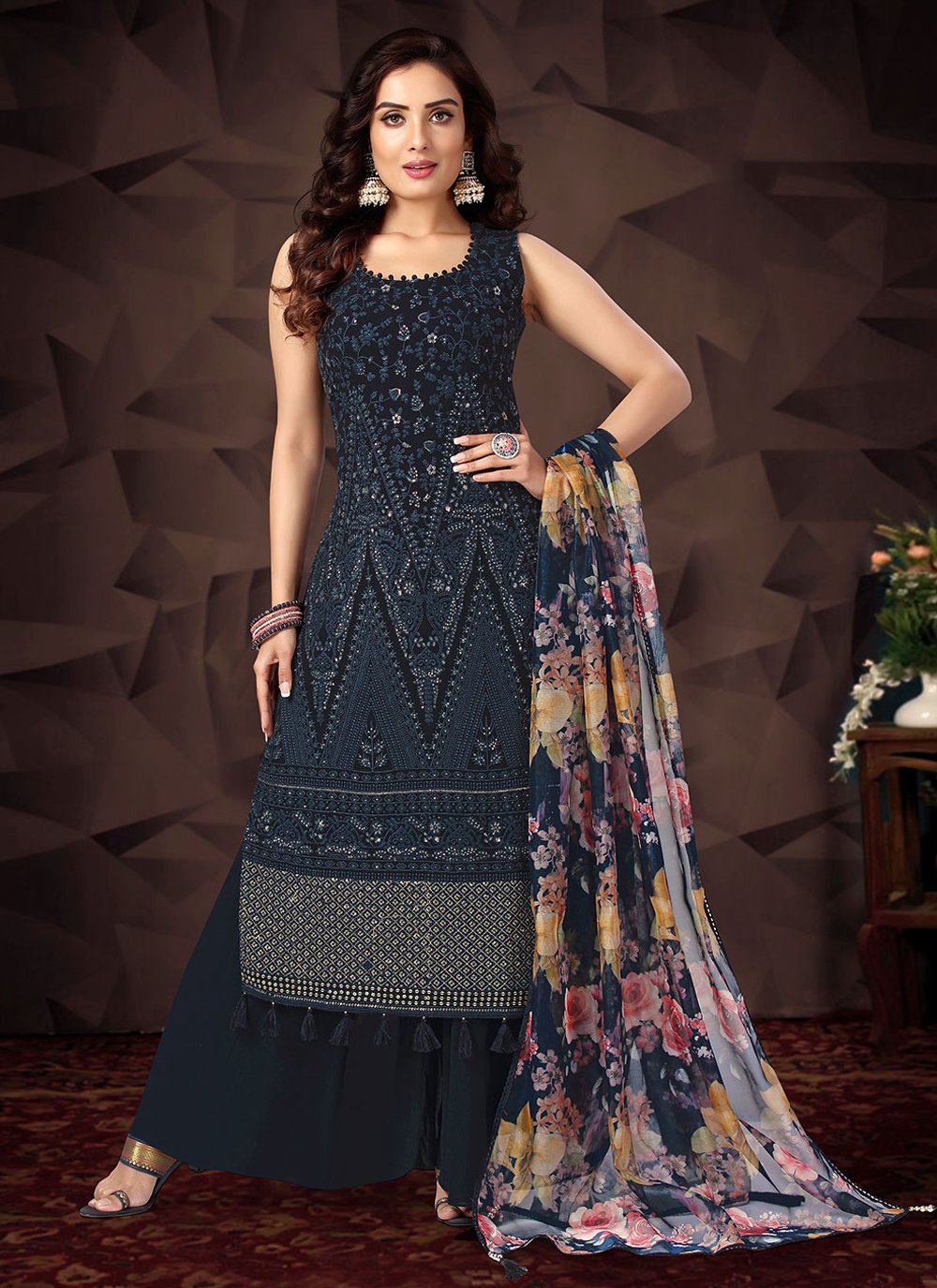 Salwar Suit Georgette Blue Embroidered Salwar Kameez