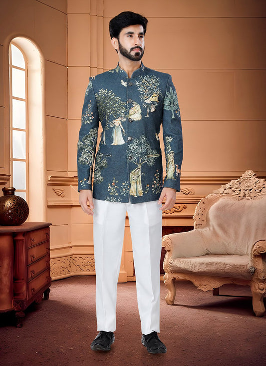 Jodhpuri Suit Handloom Cotton Blue Fancy Work Mens