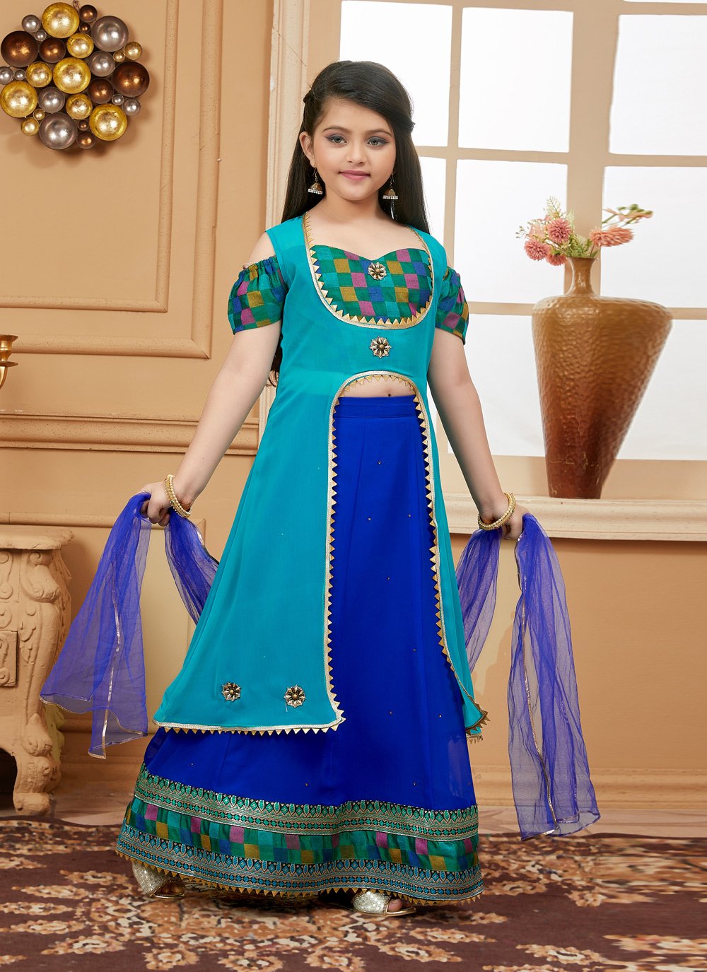 Lehenga Choli Handloom Silk Blue Embroidered Kids