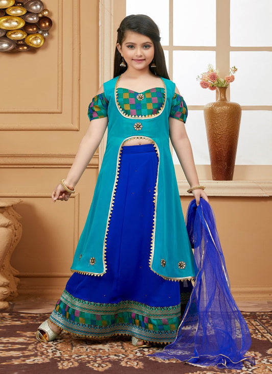 Lehenga Choli Handloom Silk Blue Embroidered Kids