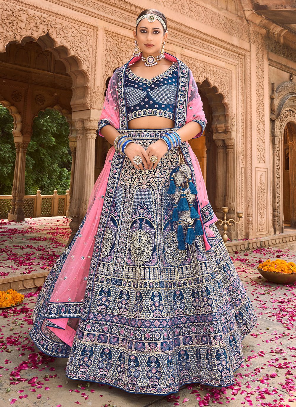 Lehenga Choli Velvet Blue Embroidered Lehenga Choli