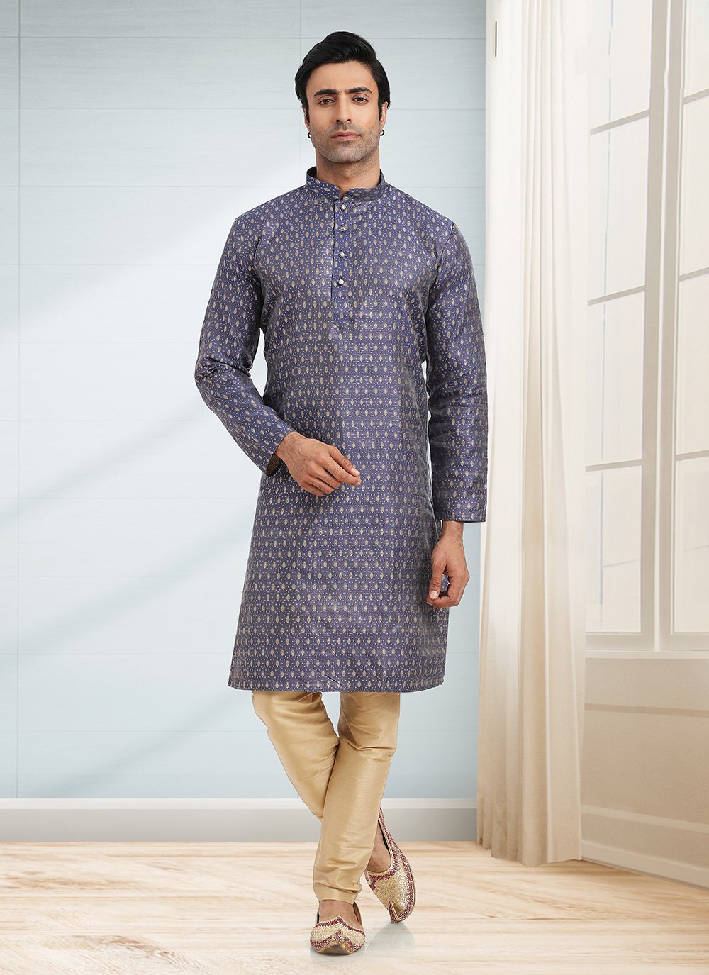 Kurta Pyjama Jacquard Blue Fancy Work Mens