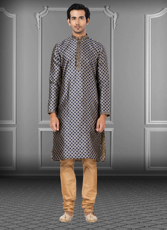 Kurta Pyjama Jacquard Blue Embroidered Mens