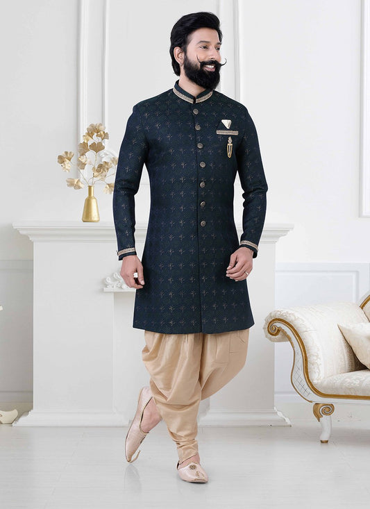 Indo Western Jacquard Blue Embroidered Mens