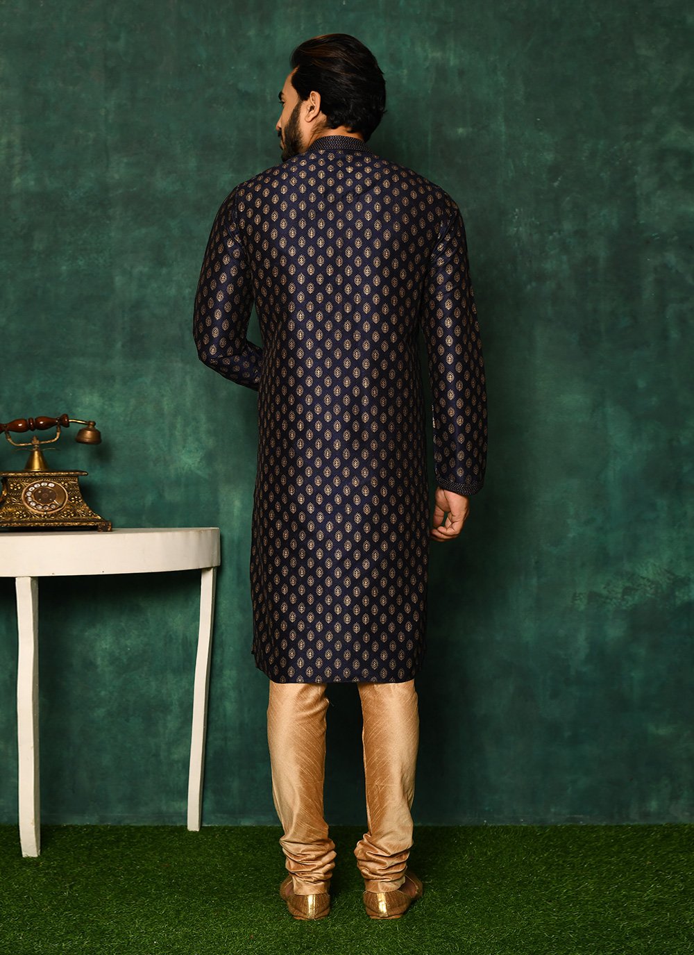 Kurta Pyjama Jacquard Blue Woven Mens