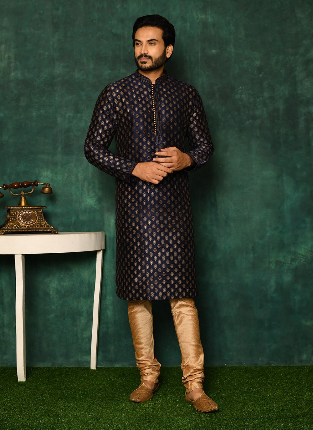 Kurta Pyjama Jacquard Blue Woven Mens