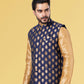 Nehru Jackets Jacquard Silk Blue Embroidered Mens