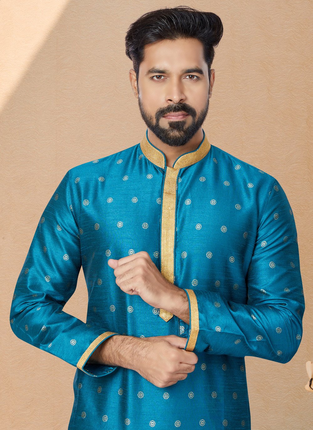 Kurta Pyjama Banarasi Silk Jacquard Blue Jacquard Work Mens