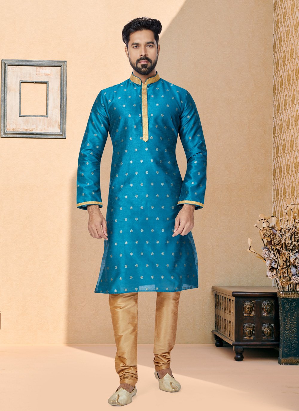 Kurta Pyjama Banarasi Silk Jacquard Blue Jacquard Work Mens