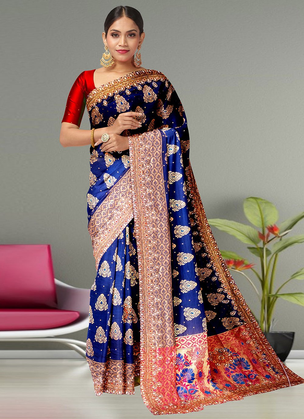 Designer Kanjivaram Silk Blue Embroidered Saree