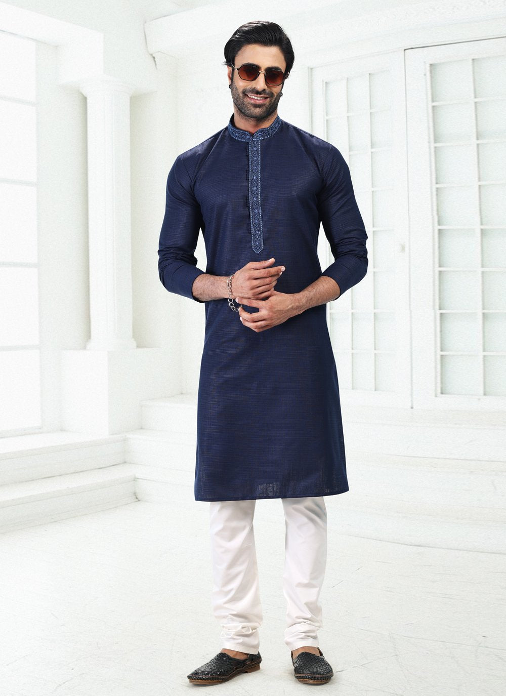 Kurta Pyjama Cotton Linen Blue Thread Mens