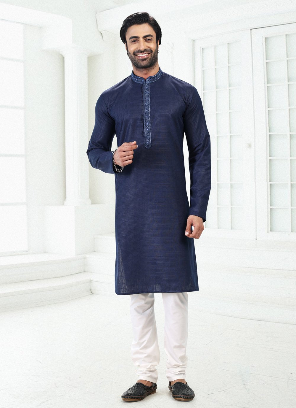 Kurta Pyjama Cotton Linen Blue Thread Mens