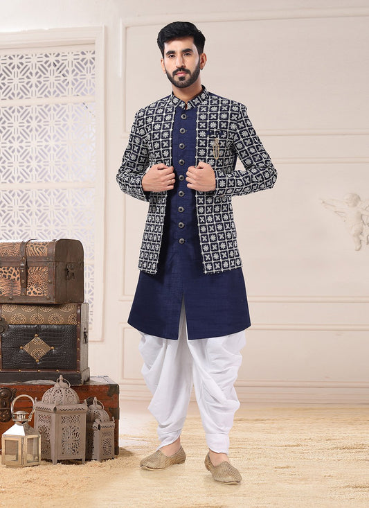 Indo Western Sherwani Lucknowi Silk Blue Embroidered Mens