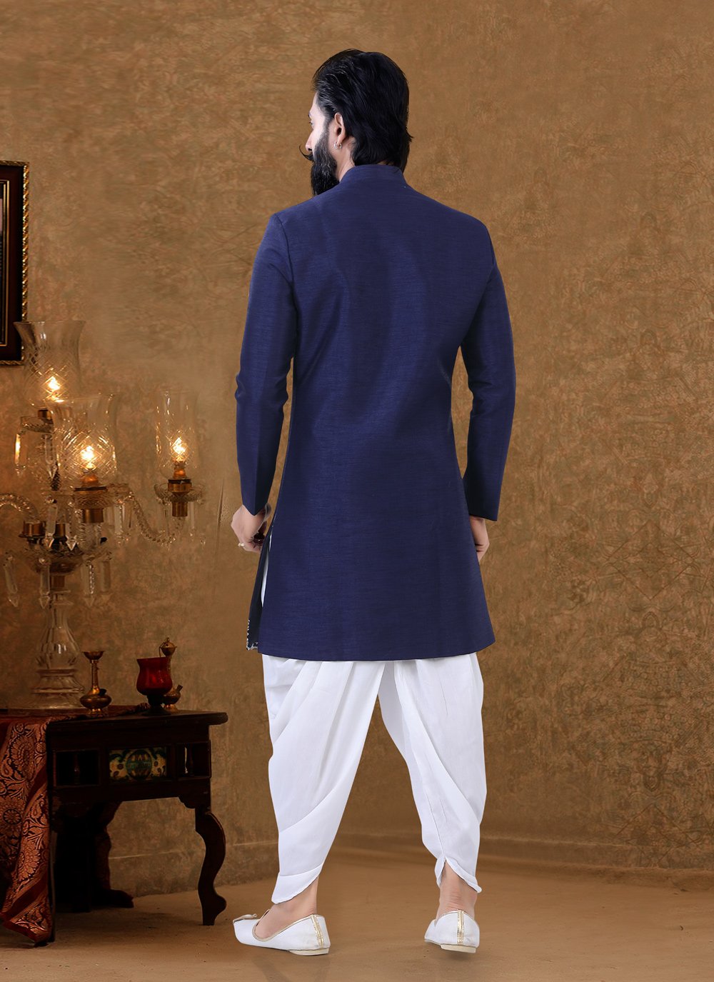 Dhoti Kurta Lucknowi Silk Blue Fancy Work Mens