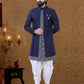 Dhoti Kurta Lucknowi Silk Blue Fancy Work Mens