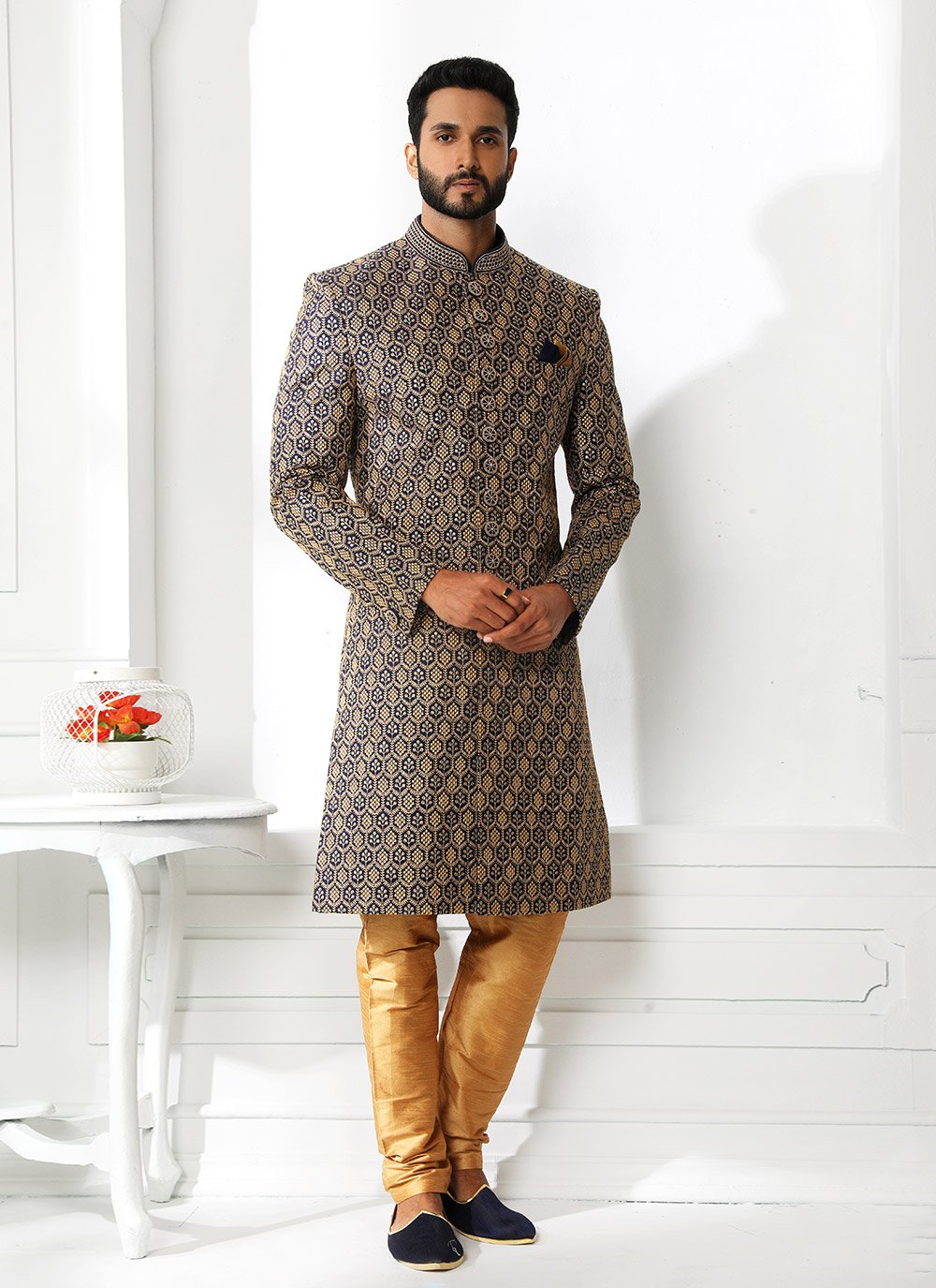 Sherwani Art Silk Blue Machine Embroidery Mens