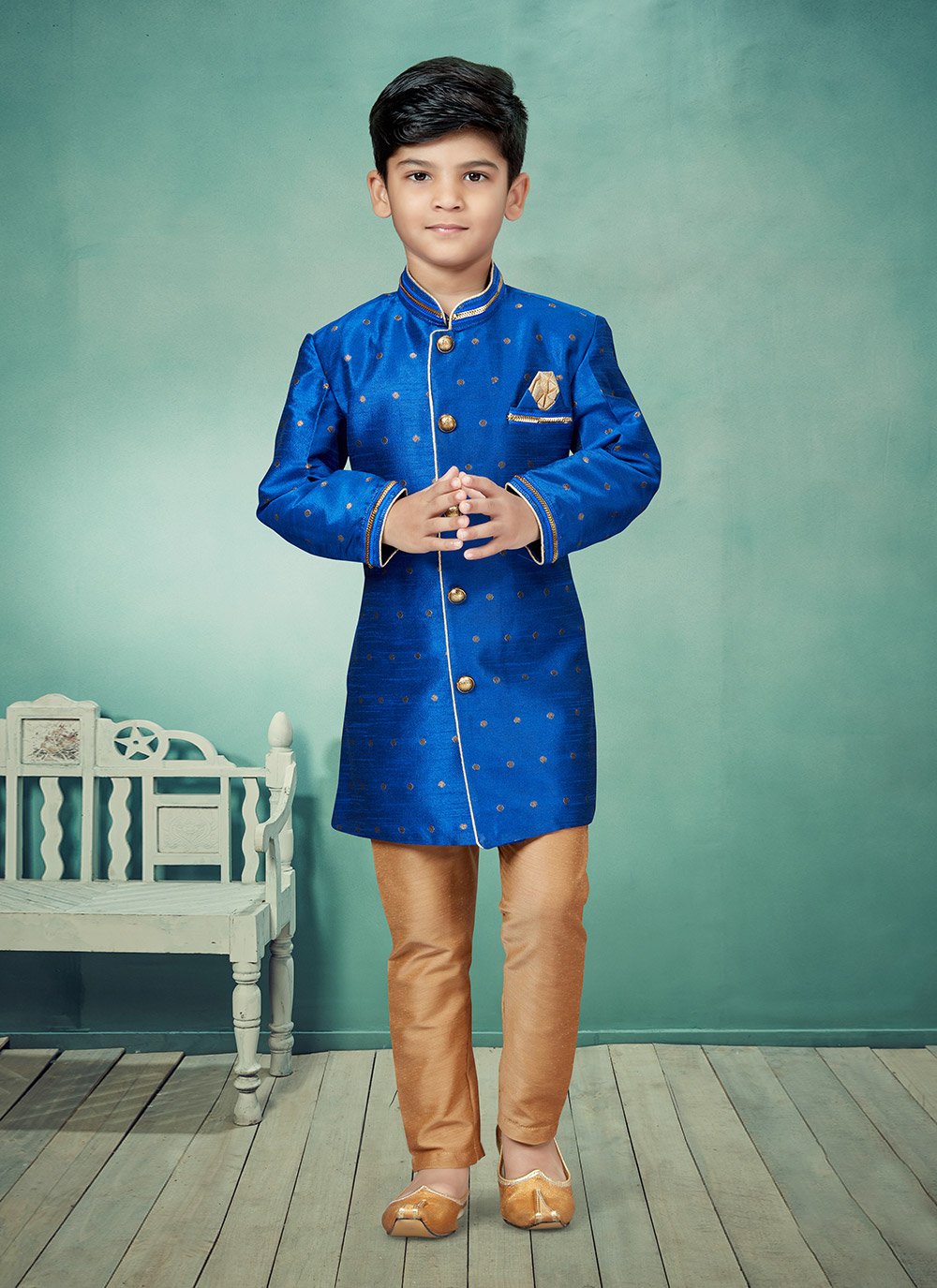 Indo Western Malbari Silk Blue Lace Kids