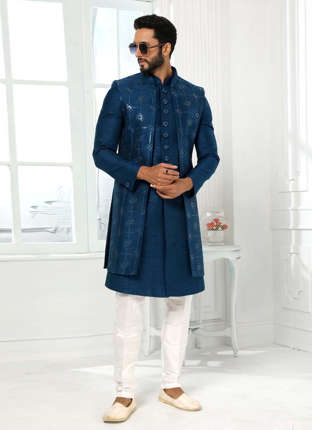 Indo Western Art Silk Blue Machine Embroidery Mens