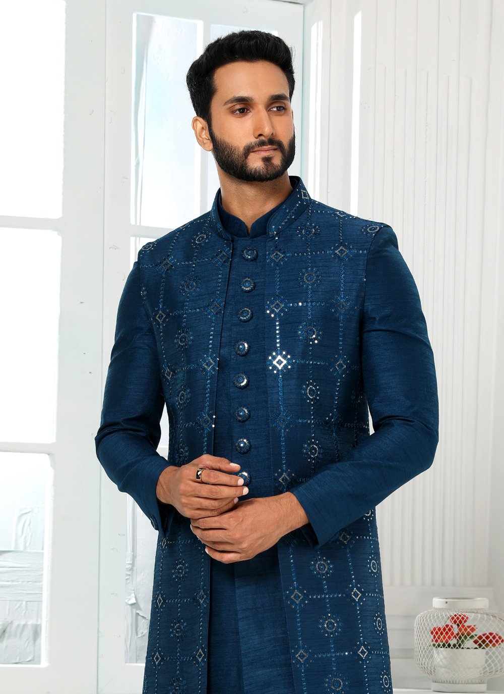 Indo Western Art Silk Blue Machine Embroidery Mens