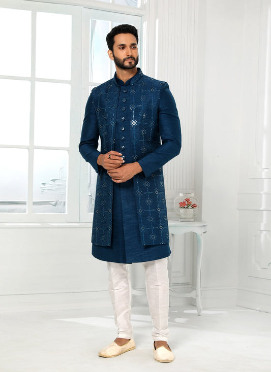 Indo Western Art Silk Blue Machine Embroidery Mens