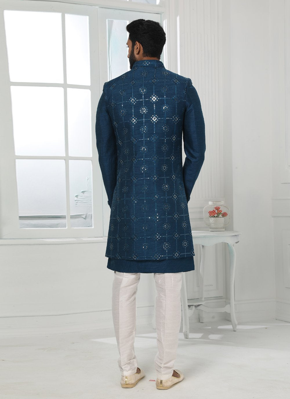 Indo Western Art Silk Blue Machine Embroidery Mens