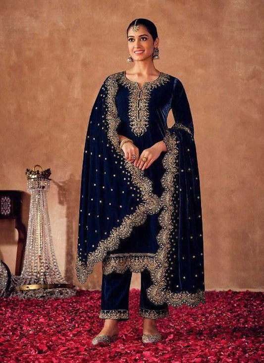 Pakistani Salwar Suit Velvet Blue Embroidered Salwar Kameez