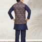 Kurta Payjama With Jacket Banarasi Silk Blue Print Kids